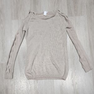 VENUS Neutral Beige Crewneck Sweater with Braided Sleeve Detail